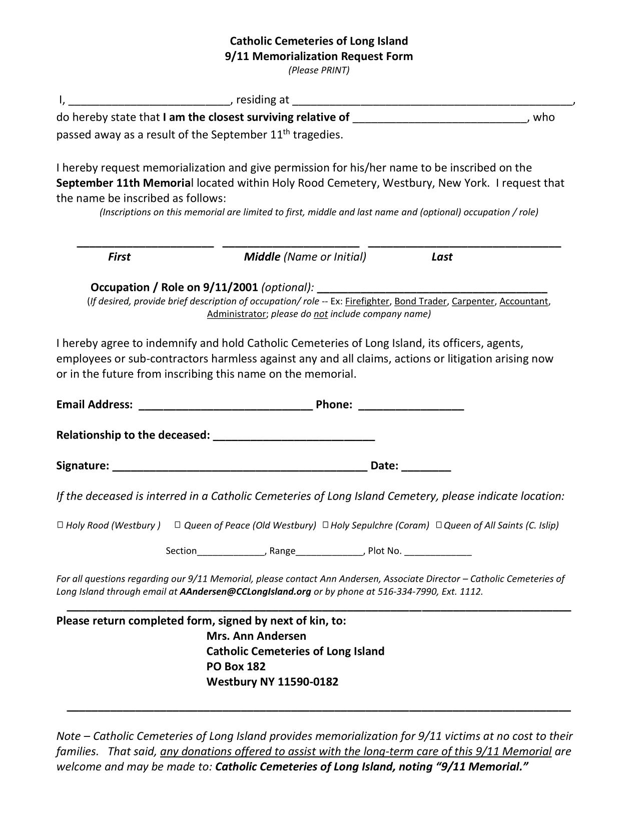 Memorialization Form 9-11